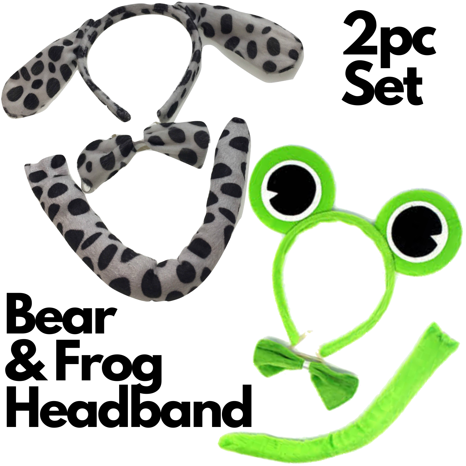 2pc Set Animal Headband w Bow Tail Dog + Frog Ears Hair Costume Halloween Party V563-17201_DOGFROGSET
