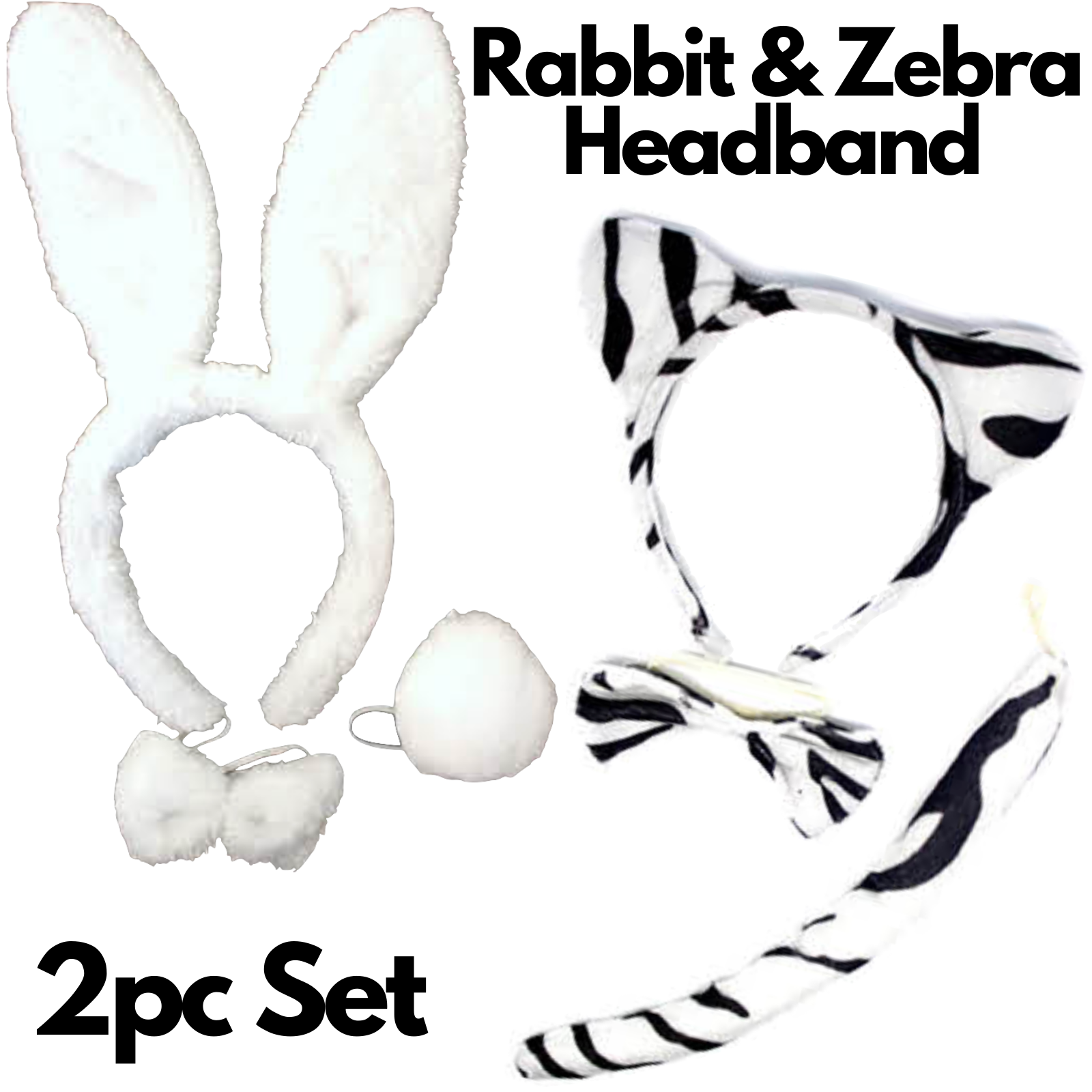 2pc Set Animal Headband w Bow Tail Rabbit + Zebra Ears Costume Halloween Party V563-17201_RABBITZEBRASET