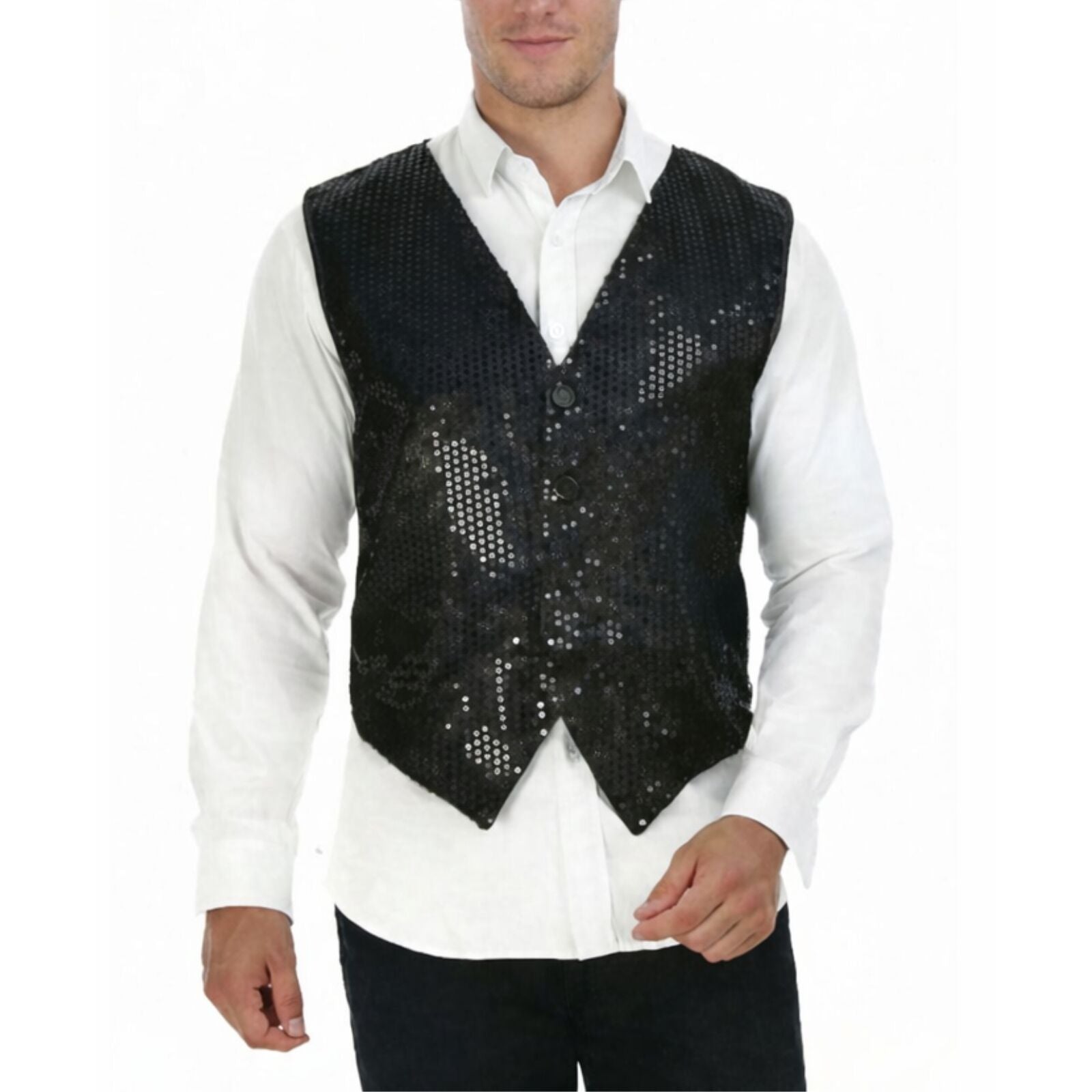 Mens Sequin Vest Waistcoat Disco Sparkle Costume Dance Party One Size - Black V563-17814-BLACK