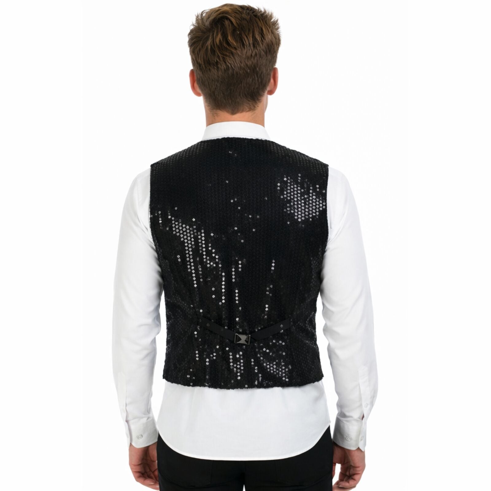 Mens Sequin Vest Waistcoat Disco Sparkle Costume Dance Party One Size - Black V563-17814-BLACK