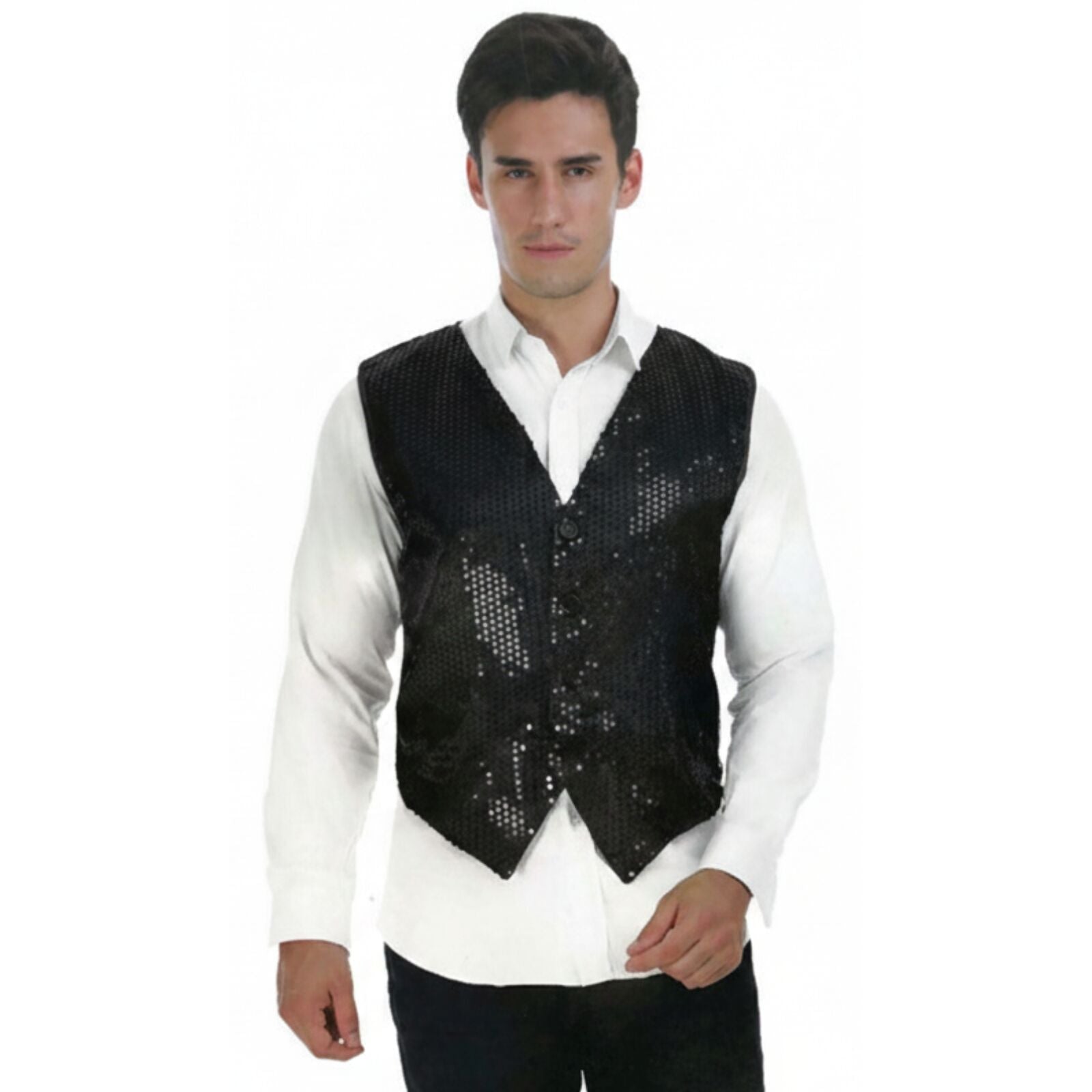 Mens Sequin Vest Waistcoat Disco Sparkle Costume Dance Party One Size - Black V563-17814-BLACK