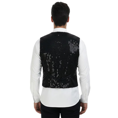 Mens Sequin Vest Waistcoat Disco Sparkle Costume Dance Party One Size - Black V563-17814-BLACK