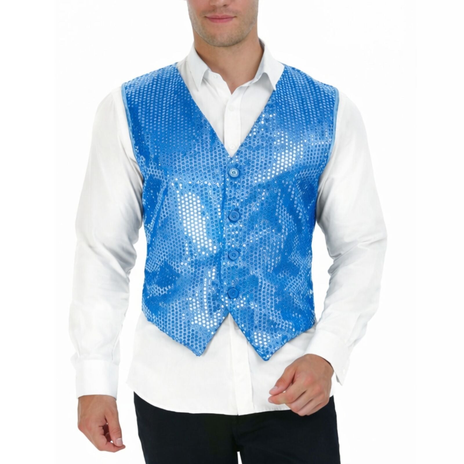 Mens Sequin Vest Waistcoat Disco Sparkle Costume Dance Party - Light Blue V563-17814-LIGHTBLUE