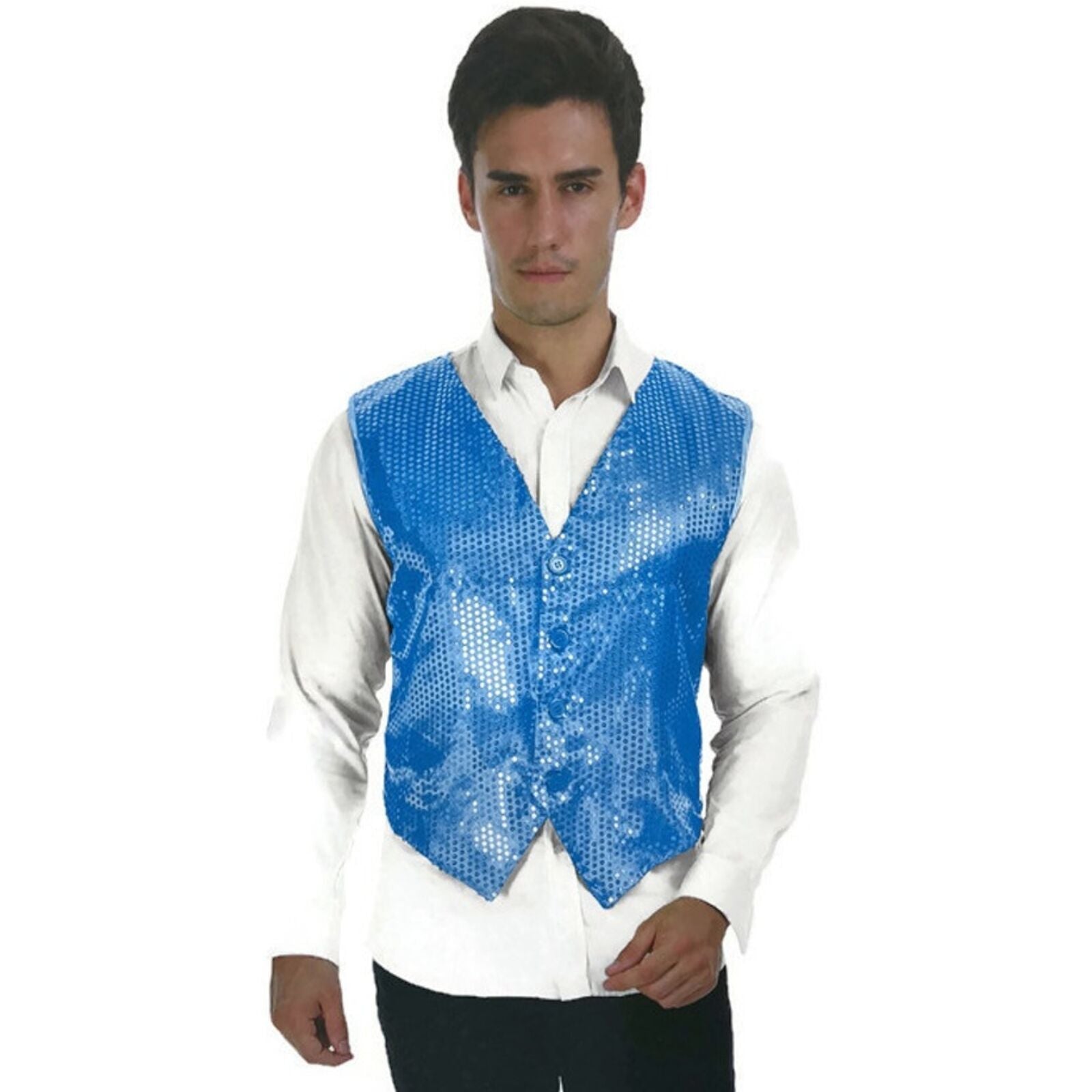 Mens Sequin Vest Waistcoat Disco Sparkle Costume Dance Party - Light Blue V563-17814-LIGHTBLUE
