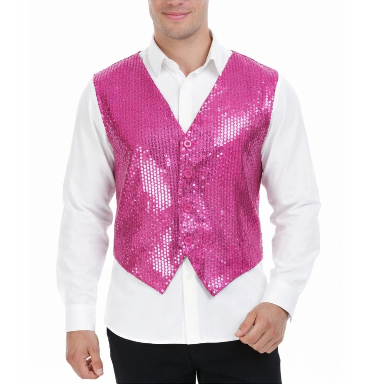 Mens Sequin Vest Waistcoat Disco Sparkle Costume Dance Party One Size - Pink V563-17814-PINK