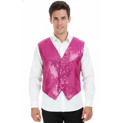 Mens Sequin Vest Waistcoat Disco Sparkle Costume Dance Party One Size - Pink V563-17814-PINK