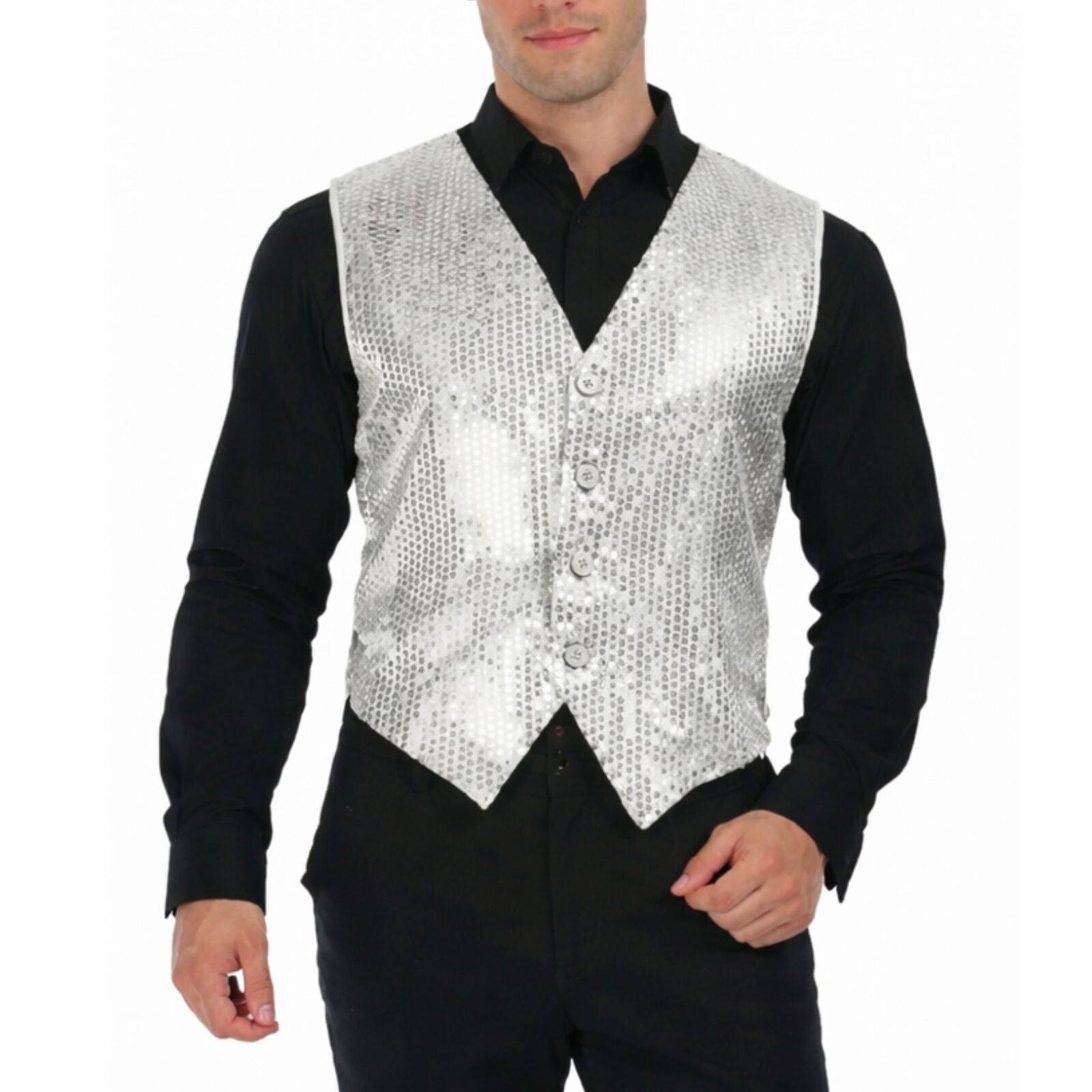 Mens Sequin Vest Waistcoat Disco Sparkle Costume Dance Party One Size - Silver V563-17814-SILVER