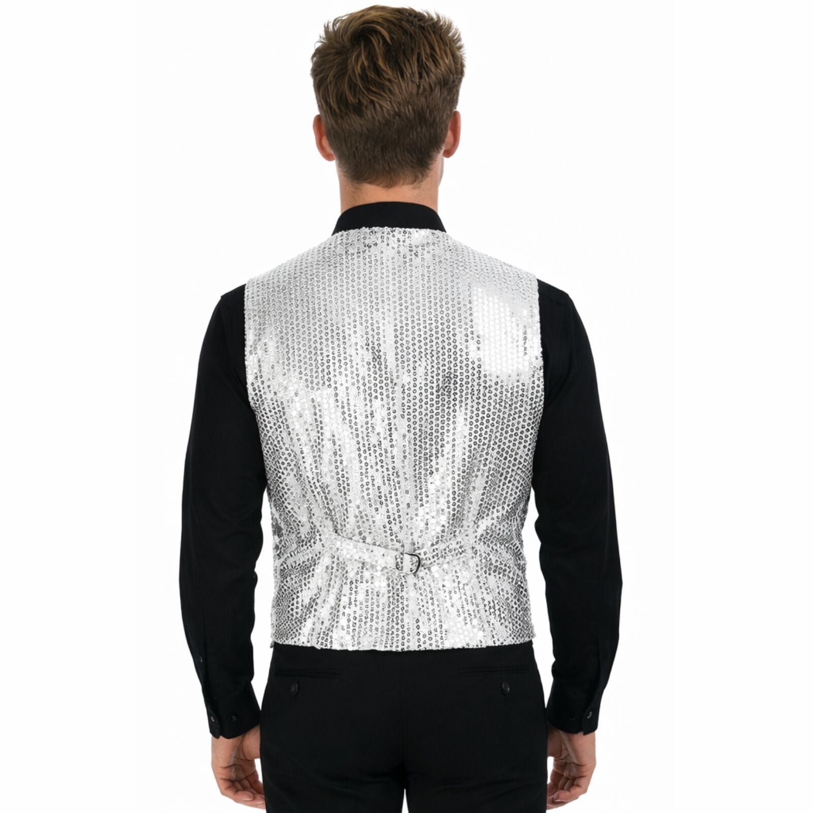 Mens Sequin Vest Waistcoat Disco Sparkle Costume Dance Party One Size - Silver V563-17814-SILVER