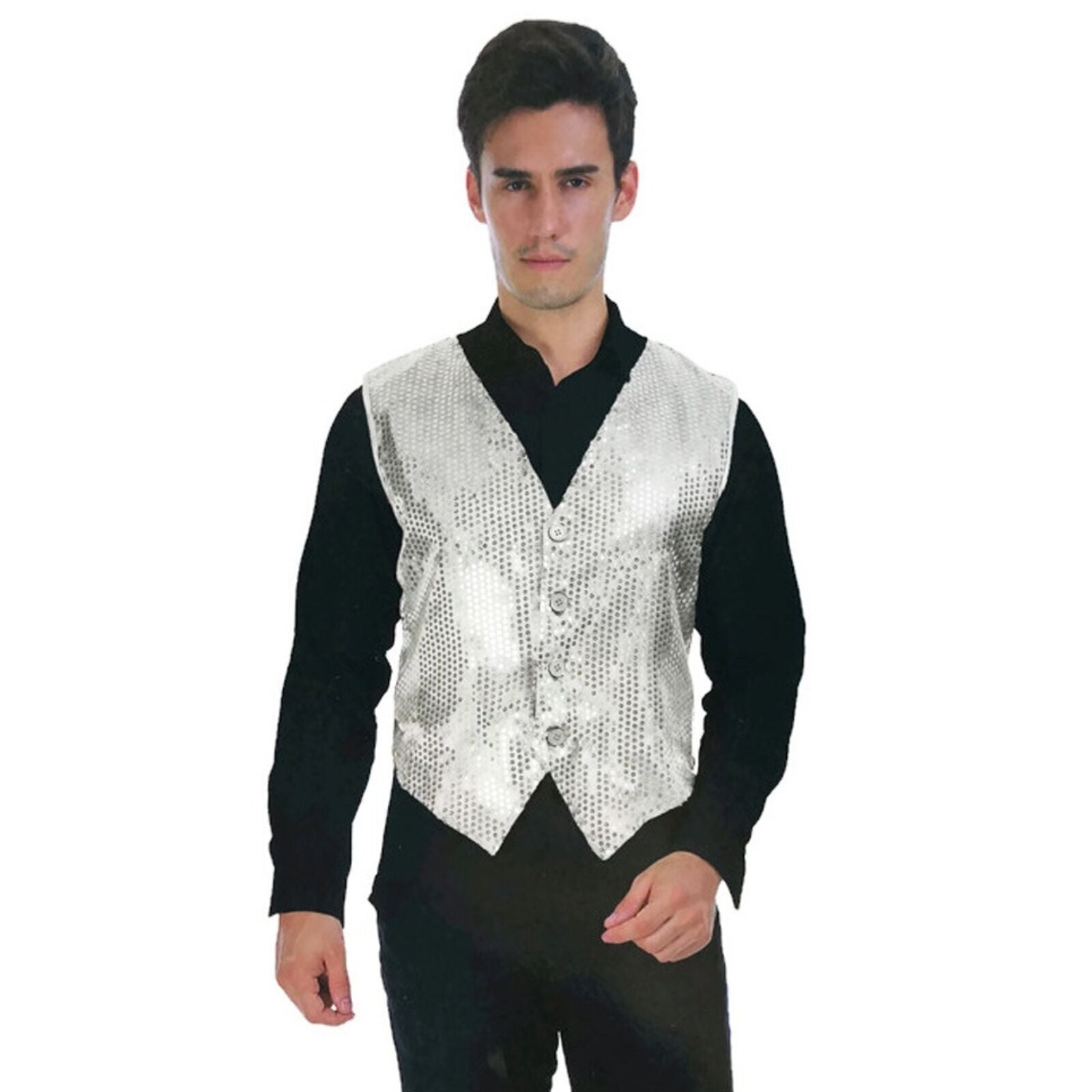 Mens Sequin Vest Waistcoat Disco Sparkle Costume Dance Party One Size - Silver V563-17814-SILVER