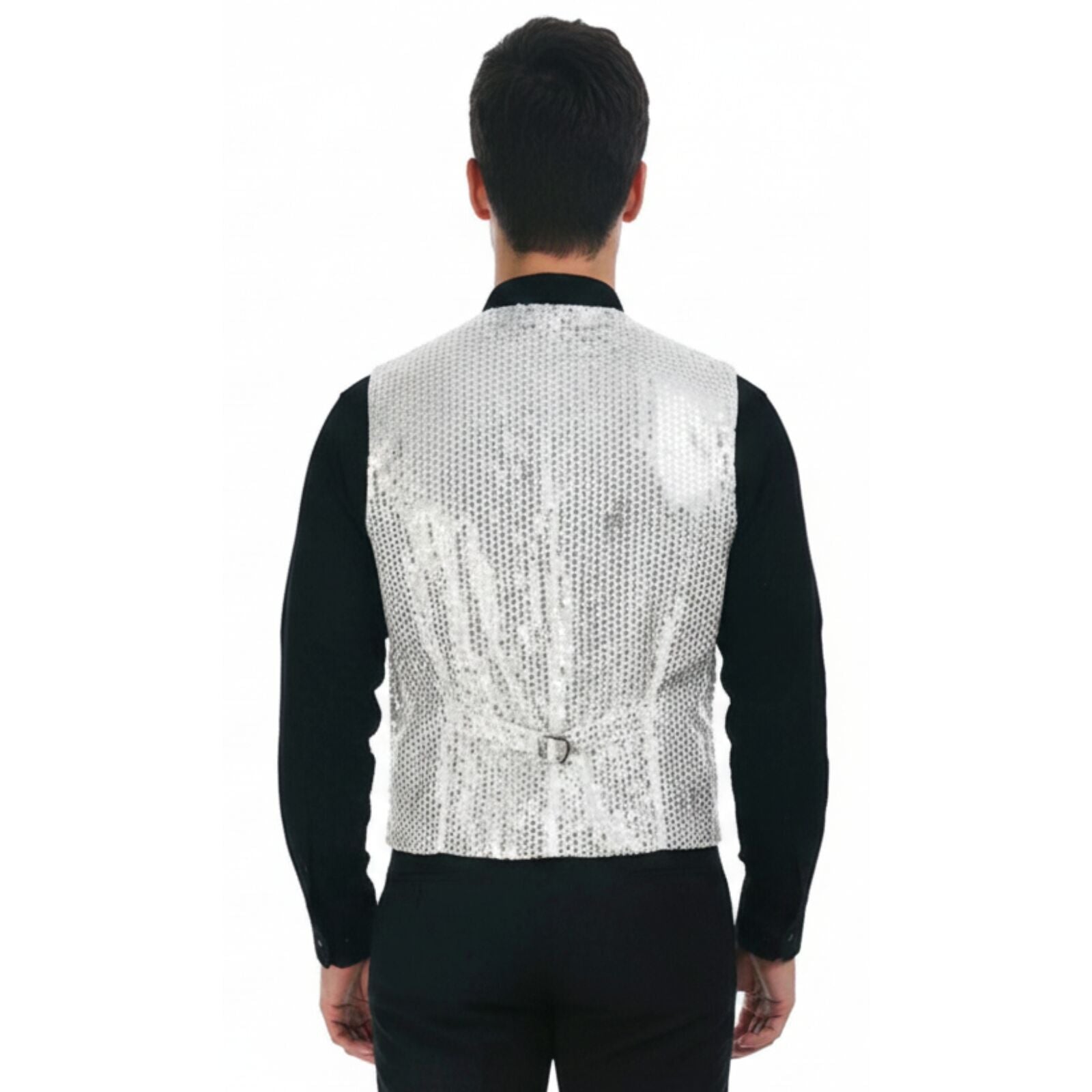 Mens Sequin Vest Waistcoat Disco Sparkle Costume Dance Party One Size - Silver V563-17814-SILVER