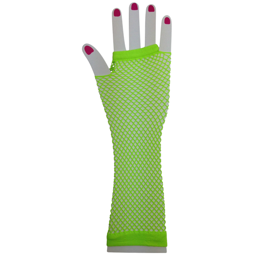 Long Elbow Length Fishnet Gloves Fingerless 70s 80s Womens Costume Party Dance in Fluro Green V563-18500-FLUROGREEN