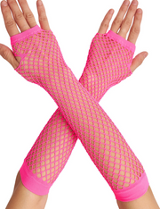 Long Elbow Length Fishnet Gloves Fingerless 70s 80s Womens Costume Party Dance in Hot Pink V563-18500-HOTPINK