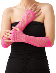 Long Elbow Length Fishnet Gloves Fingerless 70s 80s Womens Costume Party Dance in Hot Pink V563-18500-HOTPINK