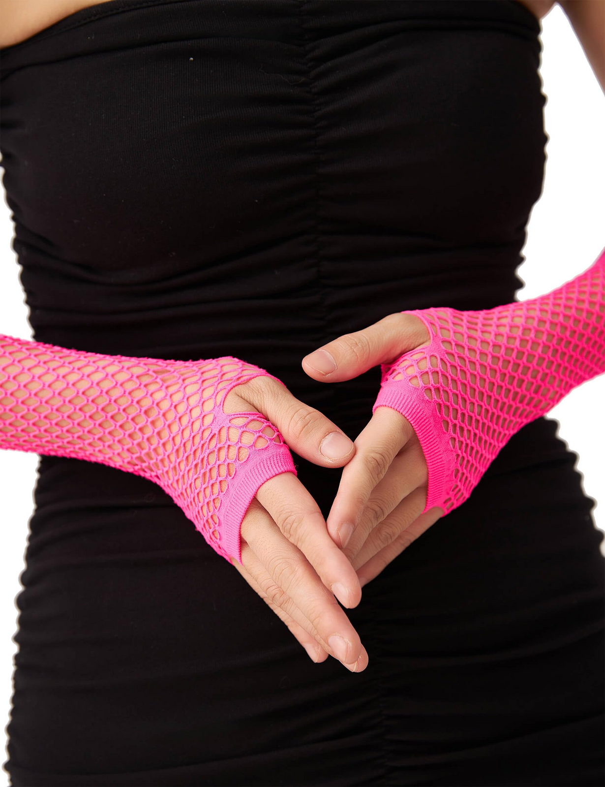 Long Elbow Length Fishnet Gloves Fingerless 70s 80s Womens Costume Party Dance in Hot Pink V563-18500-HOTPINK