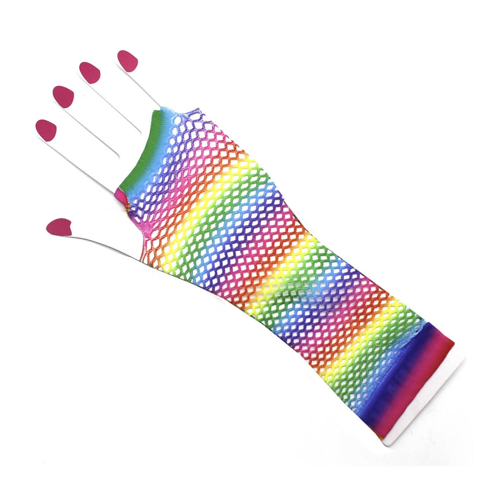 Rainbow Stripe Fishnet Fingerless Gloves 80s Costume Burlesque Mardi Gras Dance V563-18509-HORIZONTALSTRIPE