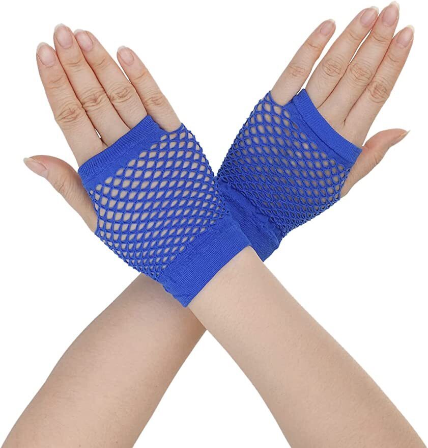 1 Pair Fishnet Gloves Fingerless Wrist Length 70s 80s Costume Party Dance - Blue V563-18510-BLUE
