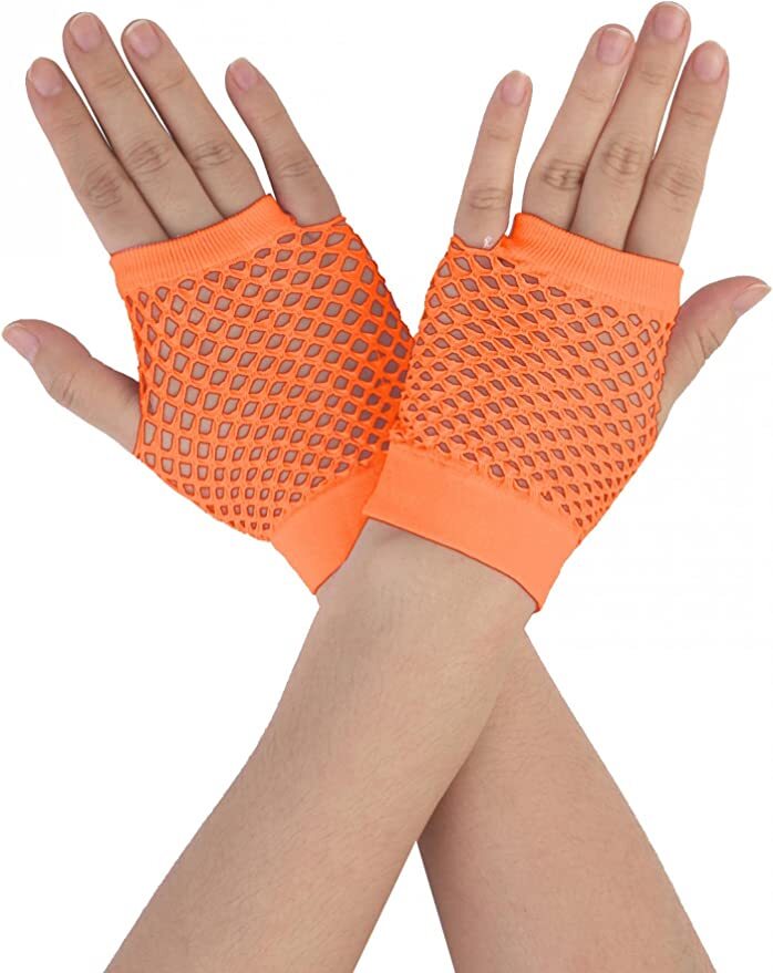 1 Pair Fishnet Gloves Fingerless Wrist Length 70s 80s Costume Party - Orange V563-18510-ORANGE