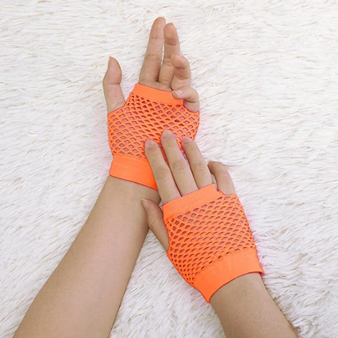 1 Pair Fishnet Gloves Fingerless Wrist Length 70s 80s Costume Party - Orange V563-18510-ORANGE