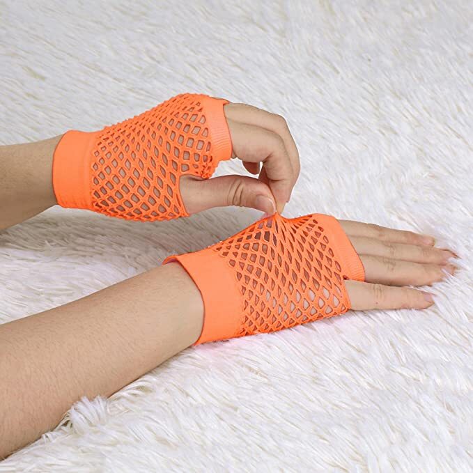 1 Pair Fishnet Gloves Fingerless Wrist Length 70s 80s Costume Party - Orange V563-18510-ORANGE