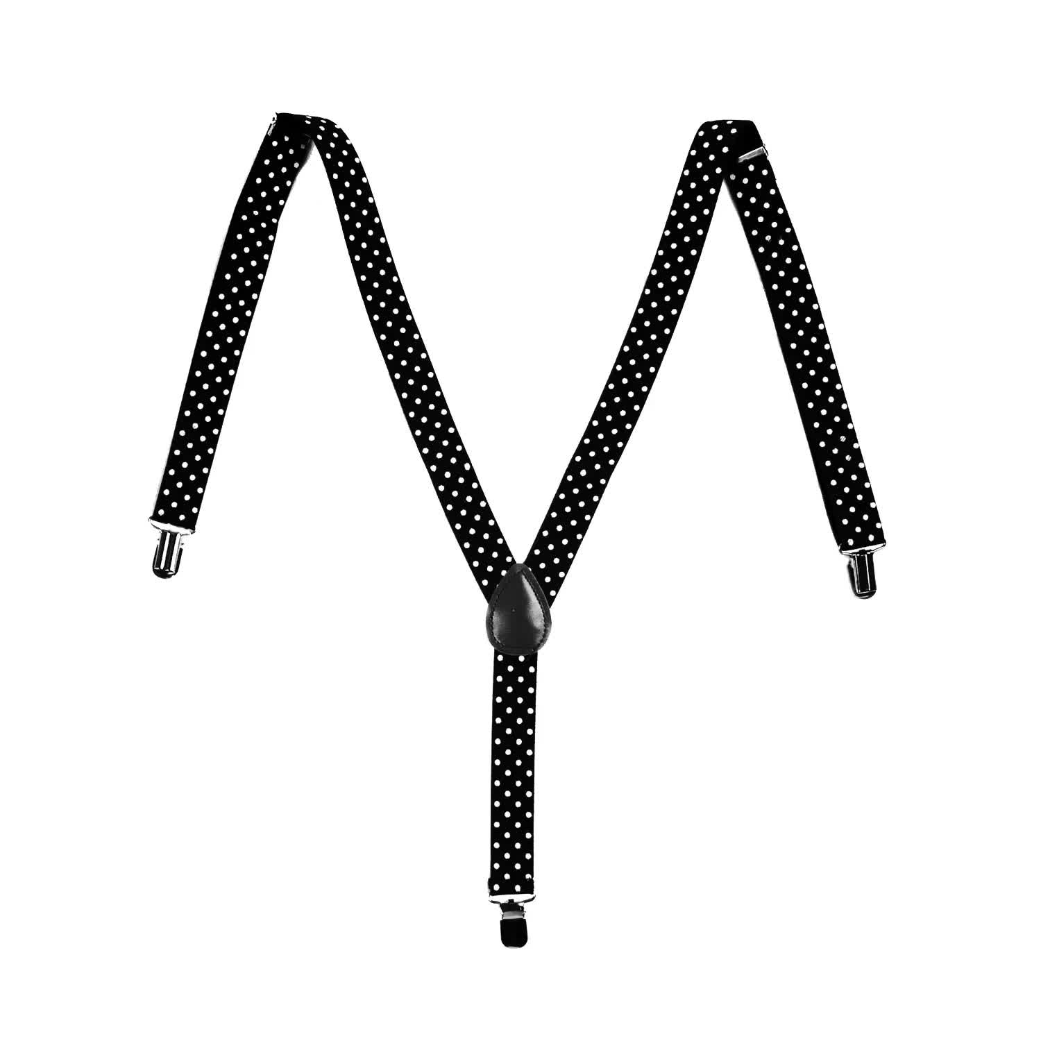 Mens Suspenders Braces Adjustable Strong Clip On Elastic Formal Wedding Slim - Black with White Polka Dot V563-19120-01