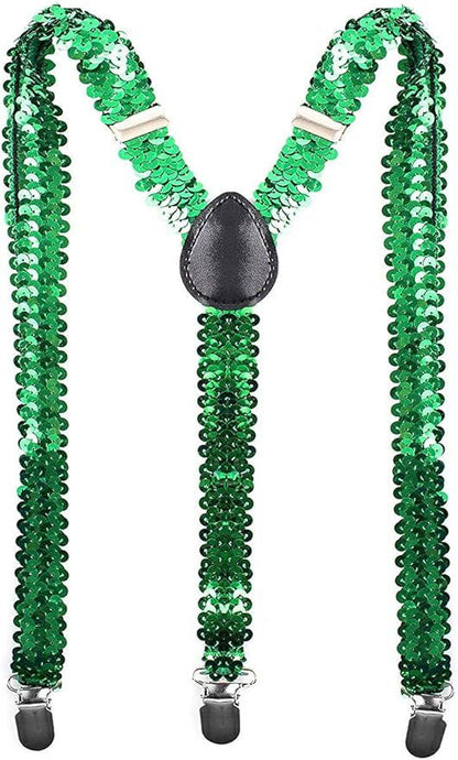 SEQUIN SUSPENDERS Unisex Adjustable Braces Clip On Elastic Y-Back - Green V563-19250-07
