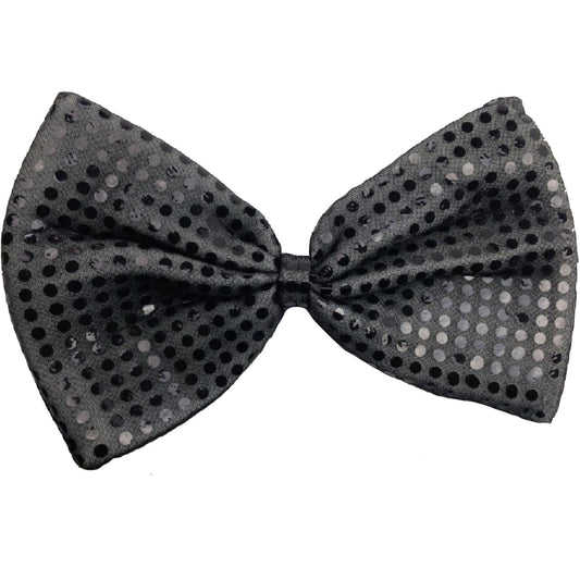 LARGE BOW TIE Sequin Polka Dots Bowtie Big King Size Party Costume - Grey (with black polka dots) V563-19430-GRYBLKPLKDOT