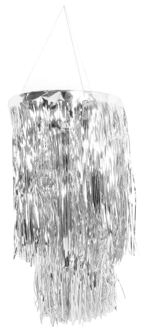 2 Tier Foil Metallic Tinsel Hanging Chandelier Party Decoration - Silver V563-19863-01