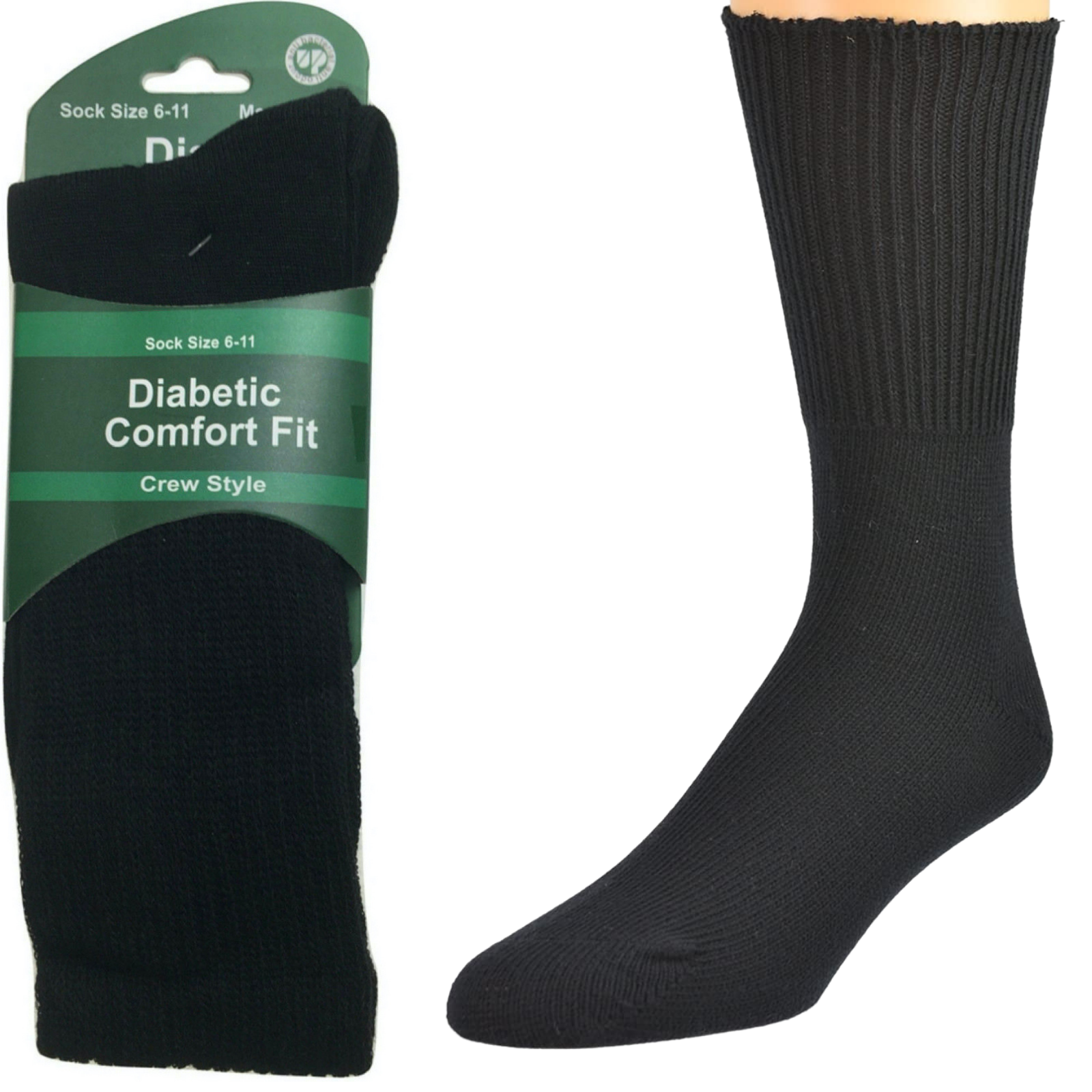 1 Pair DIABETIC BAMBOO Socks Work Socks Medical Loose Top Crew Cushion BLACK - 11-14 V563-1XBR-DBWSKS-11_14