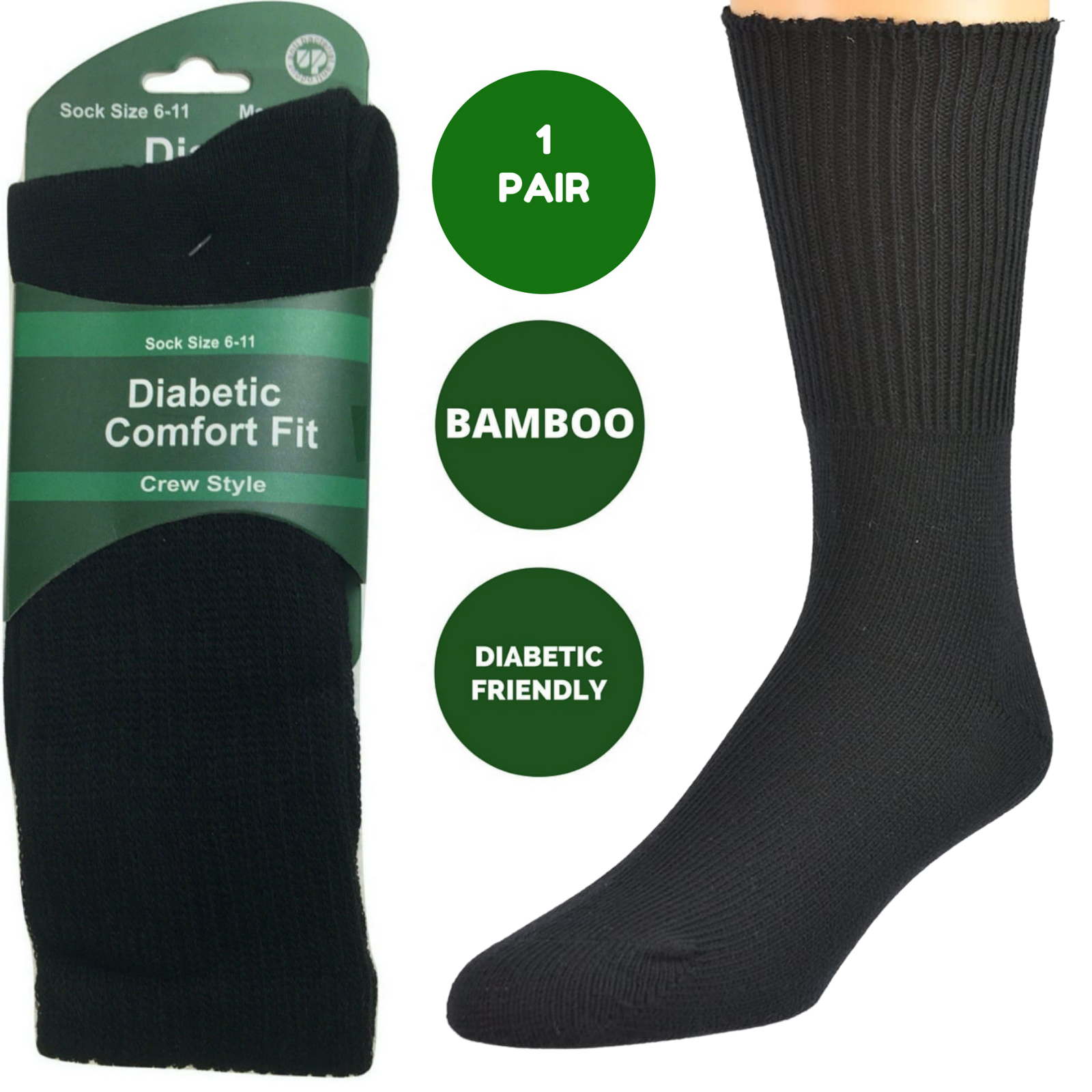 1 Pair DIABETIC BAMBOO Socks Work Socks Medical Loose Top Crew Cushion BLACK - 11-14 V563-1XBR-DBWSKS-11_14