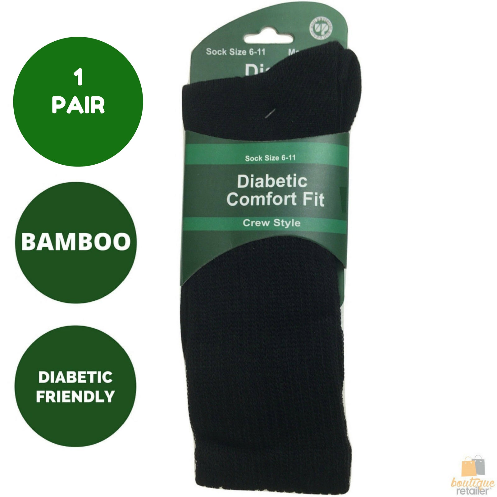 1 Pair DIABETIC BAMBOO Socks Work Socks Medical Loose Top Crew Cushion BLACK - 6-11 V563-1XBR-DBWSKS-6_11
