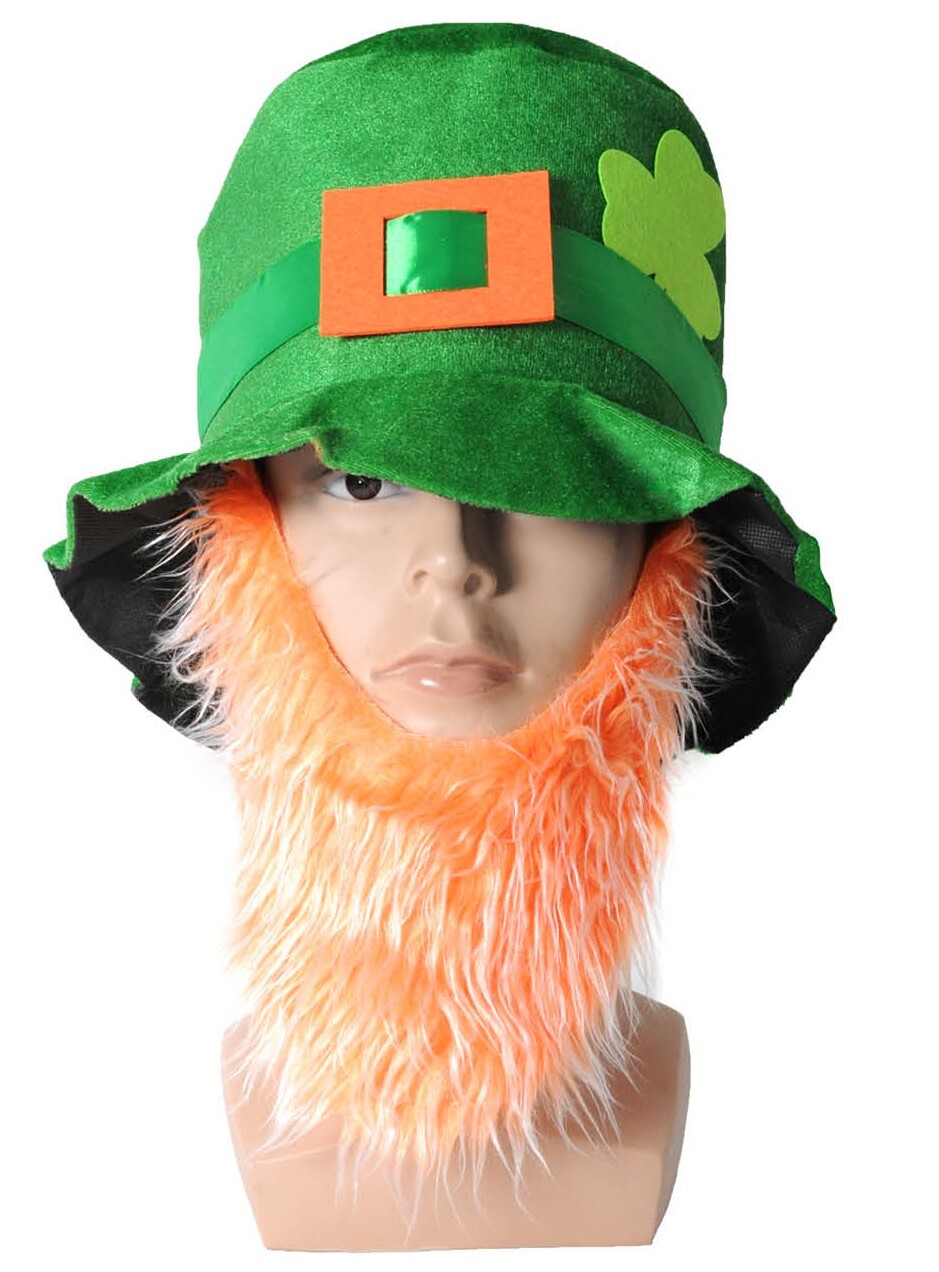 St Patricks Day Green Top Hat w/ Beard Iris Party Dress Up Ireland Halloween Cap V563-21273