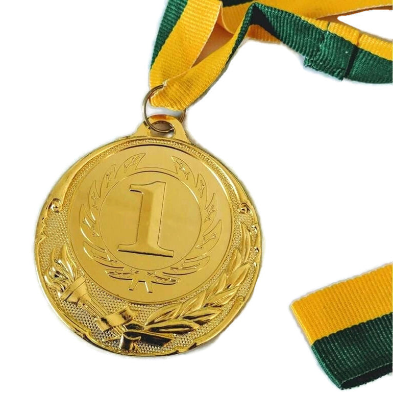 METAL WINNER GOLD MEDAL 1st Party Favours Sports Day 40cm Ribbon - Green/Gold V563-2142