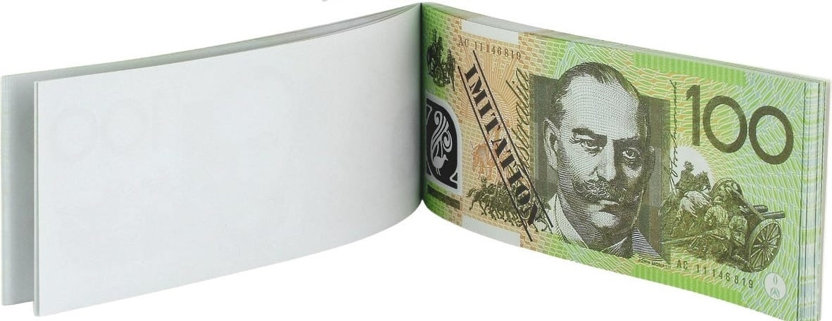 100 Dollar Australian Souvenir Note Pad Fake AUD Money - 1 Pack of 50 Sheets V563-22115-100