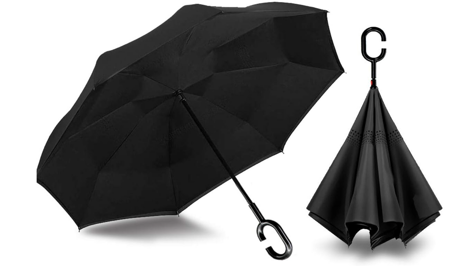 Reverse Umbrella Windproof Double Layer C-Handle Inverted Folding in Black V563-22214-01