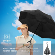 Reverse Umbrella Windproof Double Layer C-Handle Inverted Folding in Black V563-22214-01