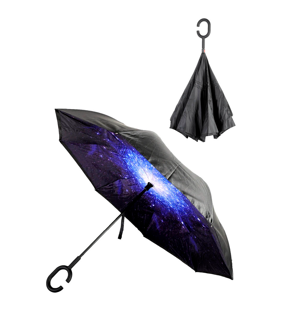 Reverse Umbrella Windproof Double Layer C-Handle Inverted Folding in Galaxy Print V563-22215-02