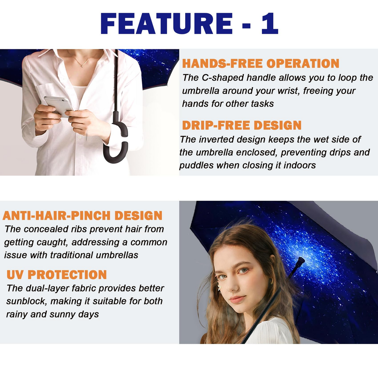 Reverse Umbrella Windproof Double Layer C-Handle Inverted Folding in Galaxy Print V563-22215-02