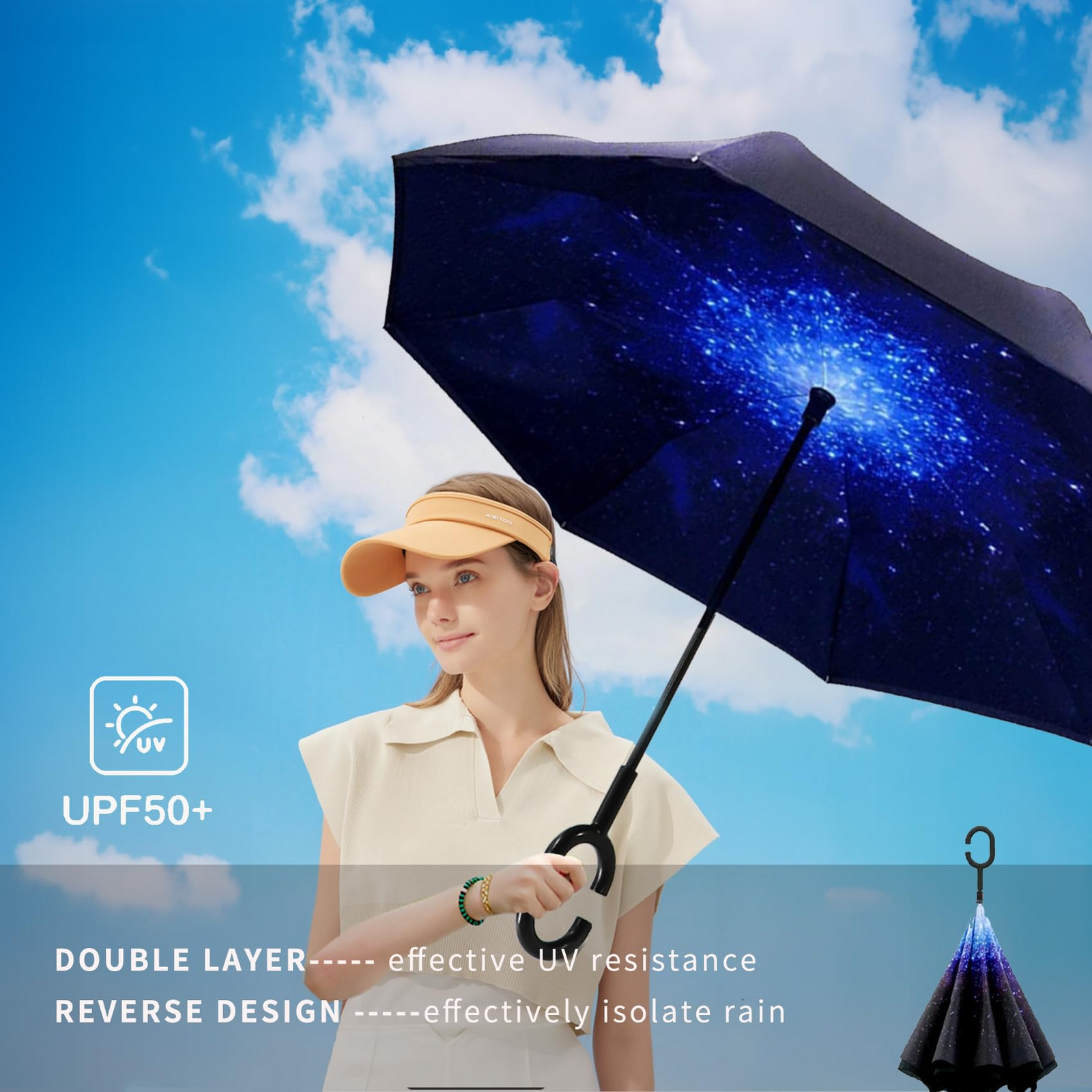 Reverse Umbrella Windproof Double Layer C-Handle Inverted Folding in Galaxy Print V563-22215-02