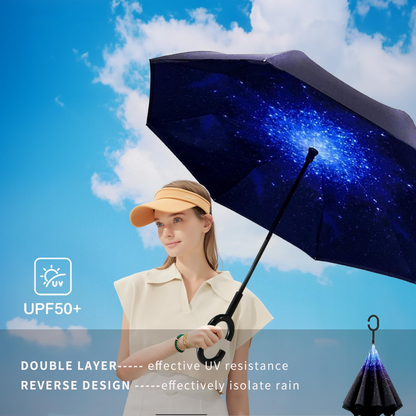 Reverse Umbrella Windproof Double Layer C-Handle Inverted Folding in Galaxy Print V563-22215-02