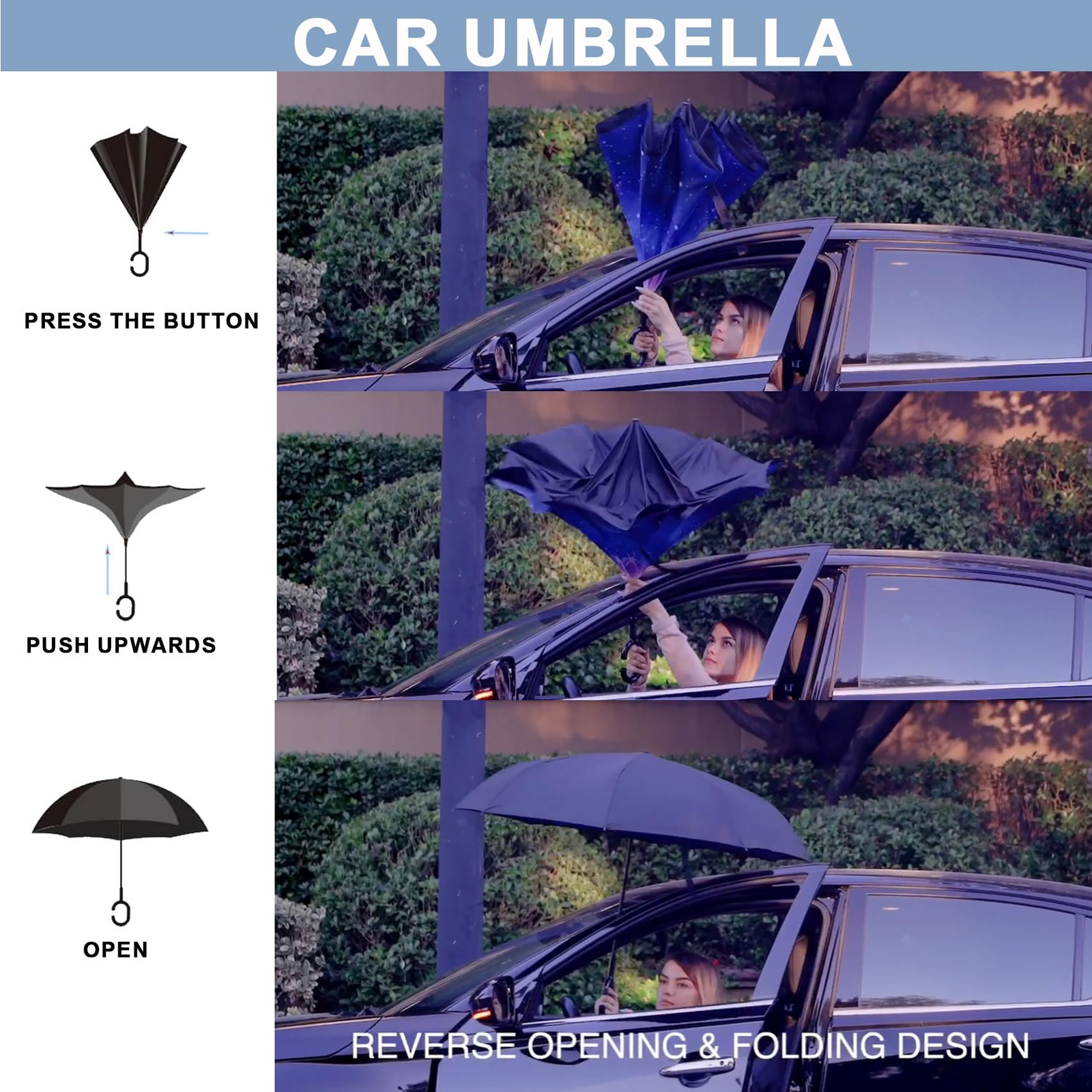 Reverse Umbrella Windproof Double Layer C-Handle Inverted Folding in Galaxy Print V563-22215-02