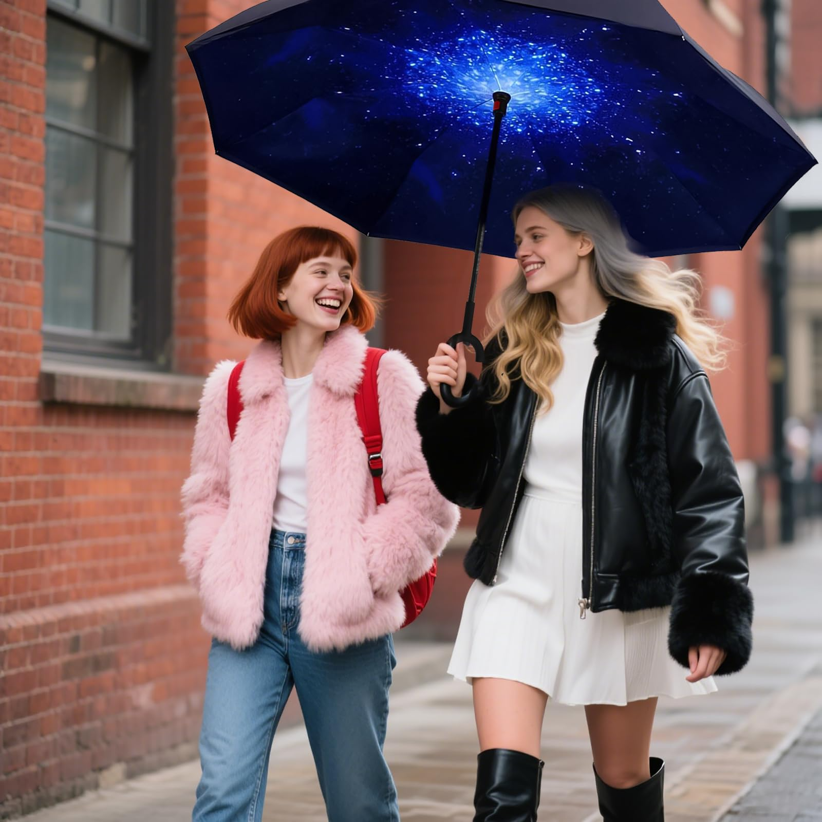 Reverse Umbrella Windproof Double Layer C-Handle Inverted Folding in Galaxy Print V563-22215-02