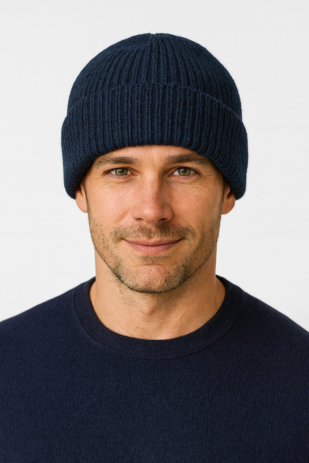 Mens Shetland Ragg Wool Beanie Hat Fishermans Rib Winter Knit Ski Pull On - Navy V563-2314-NVY