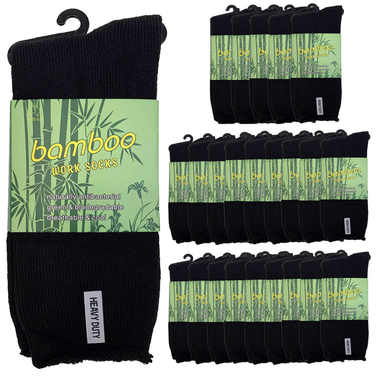 24 Pairs PREMIUM BAMBOO SOCKS Mens Heavy Duty Thick Work Socks Cushion BULK - Black - 6-11 V563-24BSOX-BLK-SIZE6-11