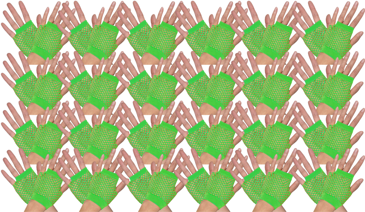24 Pair Fishnet Gloves Fingerless Wrist Length 70s 80s Costume Party Fluro Green V563-24PCS-18510-FLUROGREEN