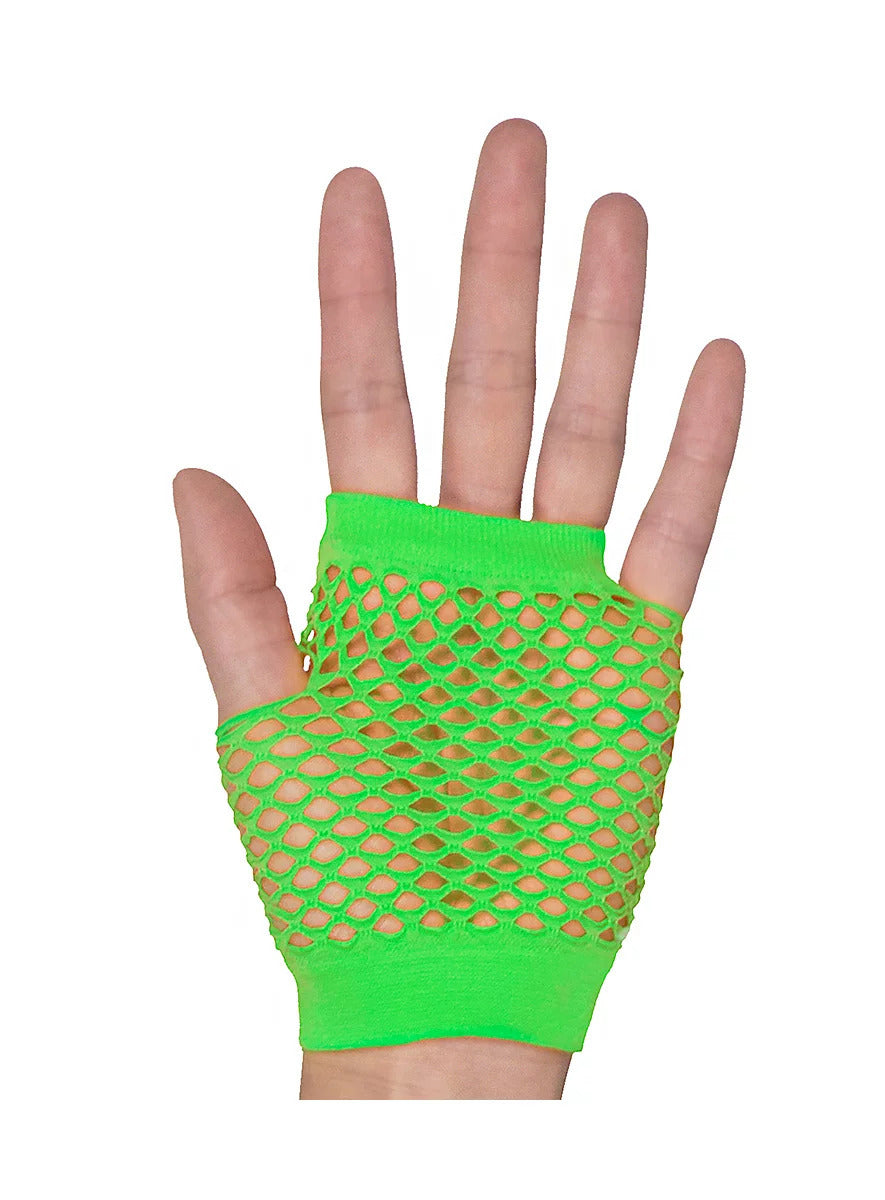 24 Pair Fishnet Gloves Fingerless Wrist Length 70s 80s Costume Party Fluro Green V563-24PCS-18510-FLUROGREEN