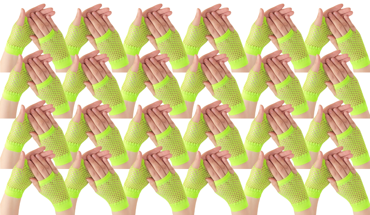 24 Pair Fishnet Gloves Fingerless Wrist Length 70s80s Costume Party Fluro Yellow V563-24PCS-18510-FLUROYELLOW