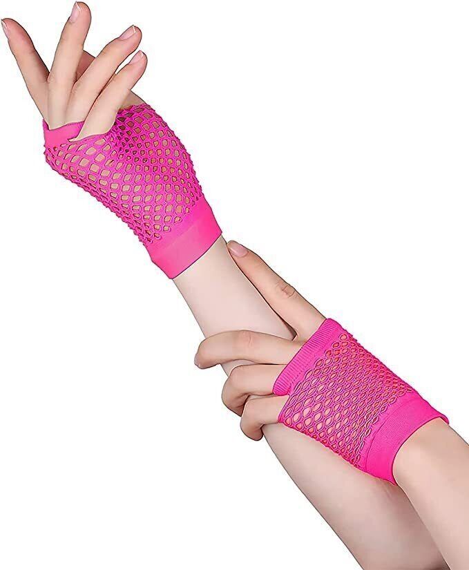 24 Pair Fishnet Gloves Fingerless Wrist Length 70s 80s Costume Party - Hot Pink V563-24PCS-18510-HOTPINK
