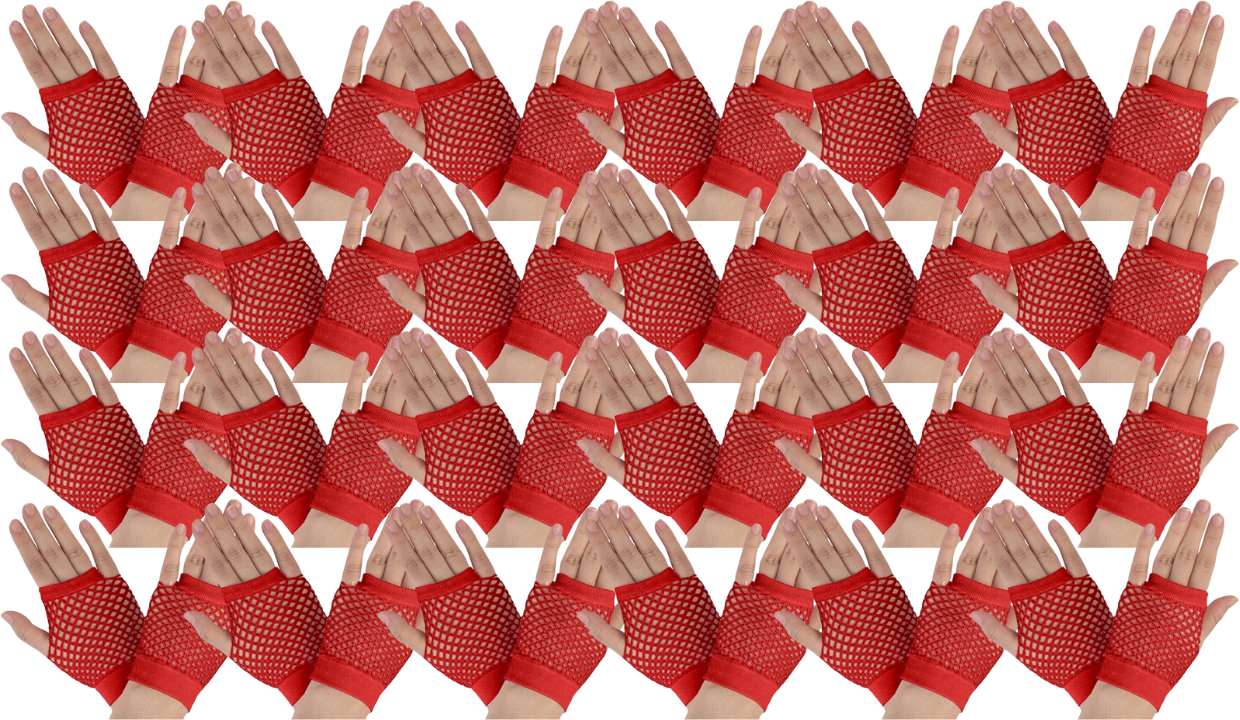 24 Pair Fishnet Gloves Fingerless Wrist Length 70s 80s Costume Party Bulk - Red V563-24PCS-18510-RED