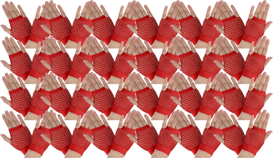 24 Pair Fishnet Gloves Fingerless Wrist Length 70s 80s Costume Party Bulk - Red V563-24PCS-18510-RED