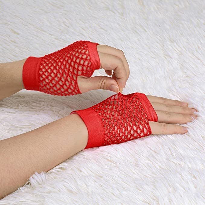 24 Pair Fishnet Gloves Fingerless Wrist Length 70s 80s Costume Party Bulk - Red V563-24PCS-18510-RED